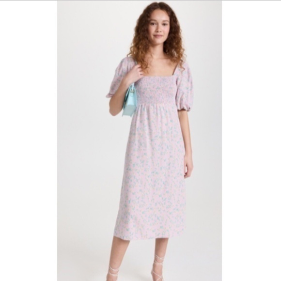 Sokie Collective Lilac Lavender Summer Floral Smocked Puff Sleeve Midi Dress - Picture 1 of 7